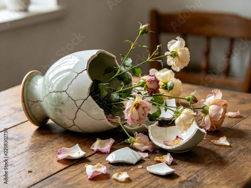 A vase and flowers are broken on the table