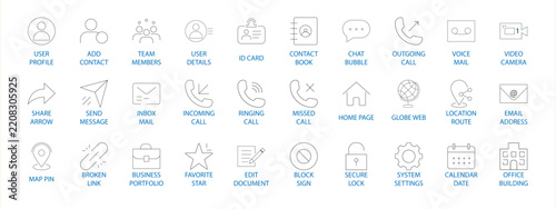 Website line icon set. Featuring user profile, contact book, and video camera. Vector icons for send message, home page, and system settings.