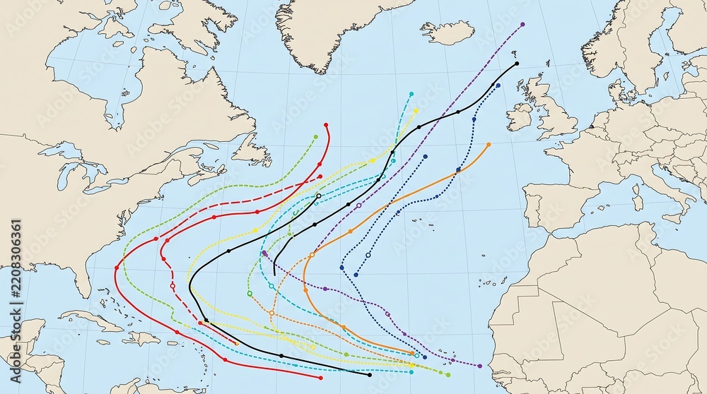 Obraz premium North Atlantic Weather Map Paths, Illustrating Storm Tracks and Oceanic Circulation Patterns