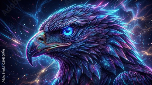 Eagle head close up illustration featuring brilliant eyes and colorful neon lighting.