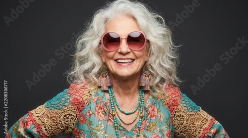 Youthful lifestyle concept of a happy elderly woman wearing colorful bohemian crochet fashion.