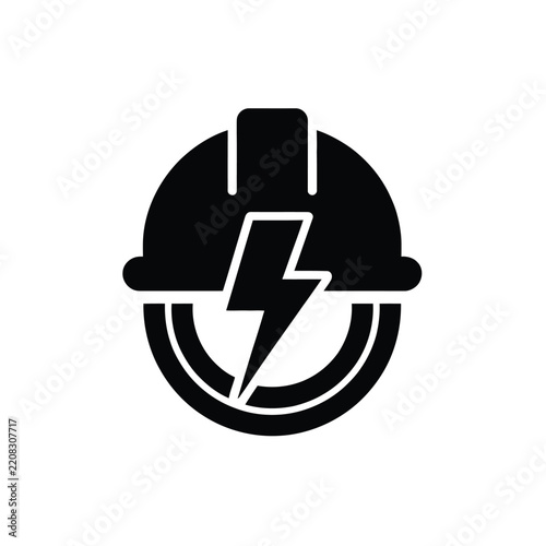 Black glyph icon of hard hat with lightning bolt, representing electrical safety.