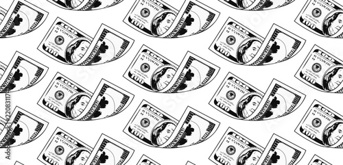 Seamless geometric pattern with folded 100 USD bills. Banknotes arranged in alternating grid. Detailed black and white money illustration on transparent background in vintage style