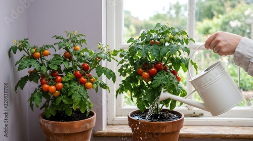 Person watering healthy tomato plants in pots near a bright window indoors