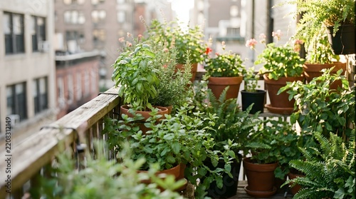 Lush balcony garden overlooking a blurred cityscape with vibrant greenery and potted plants