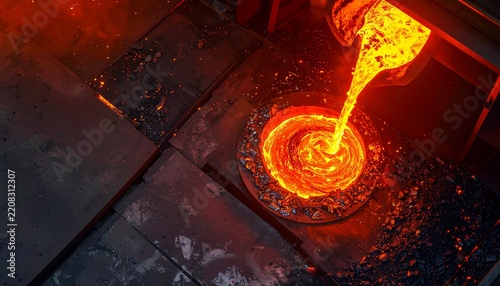 Molten Metal Pouring into Circular Mold Swirling Glowing Steel Foundry Industry Concept