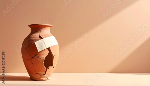 Cracked Terracotta Vase with Bandage Healing Repair Concept on Warm Background