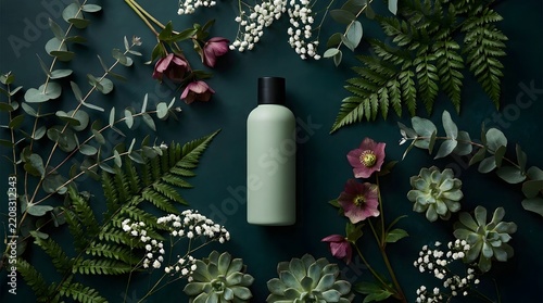 White cosmetic bottle surrounded by lush tropical leaves and vibrant flowers