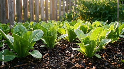 Lush garden bed with vibrant green leafy vegetables growing in rich soil