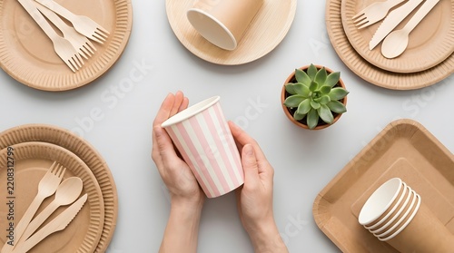 Flat lay of eco friendly disposable tableware and a potted succulent plant