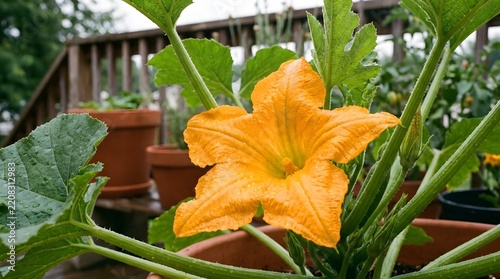 Bright yellow zucchini blossom in a lush garden with green foliage and terracotta pots