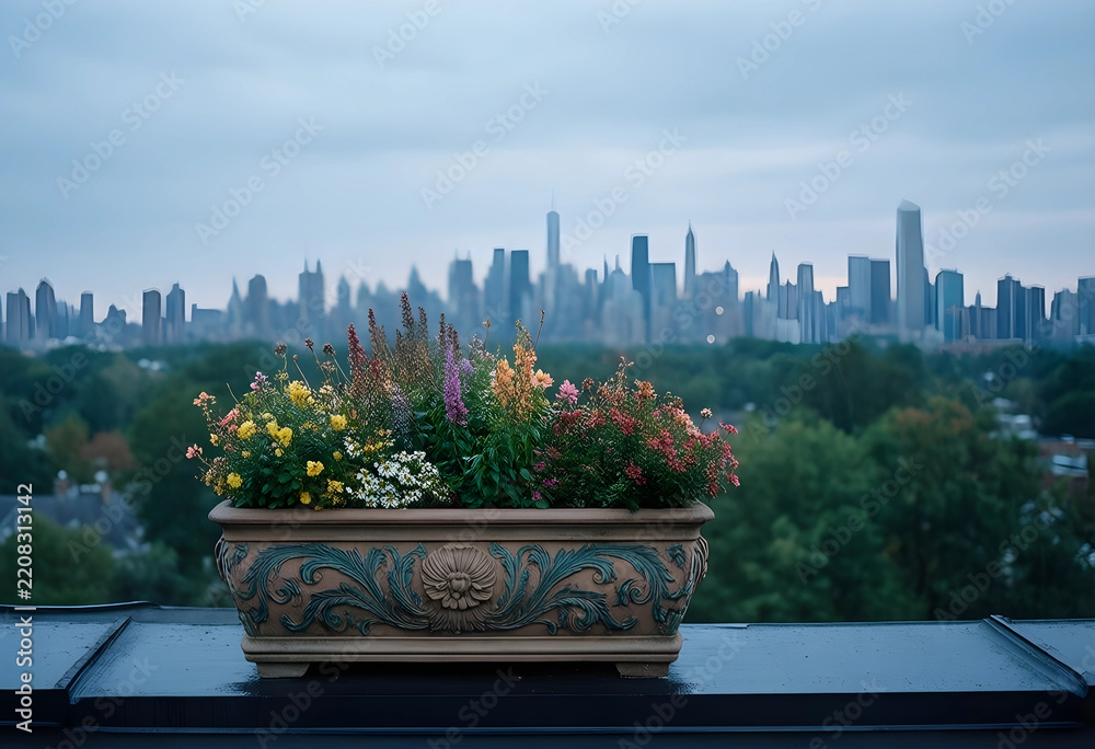 Fototapeta premium Urban gardening and city living, colorful flowers in a decorative planter on a rooftop terrace overlooking a metropolitan skyline at dusk