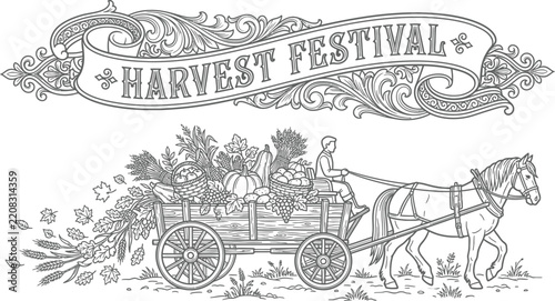 vintage harvest festival banner with horse drawn cart full of autumn produce line art