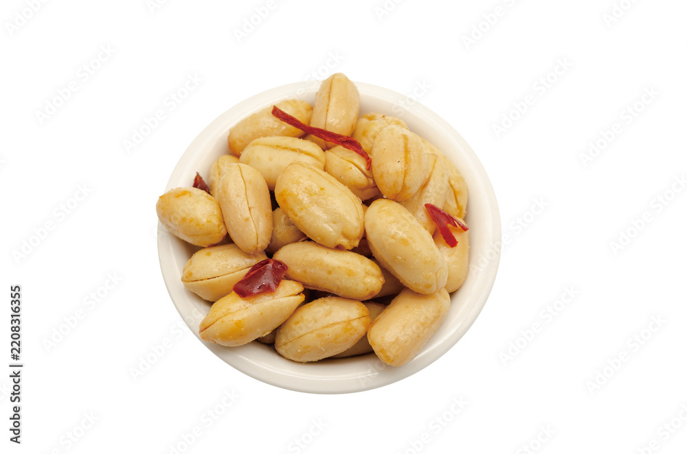 Fototapeta premium Bowl of Spicy Peanuts with Dried Red Chili Peppers