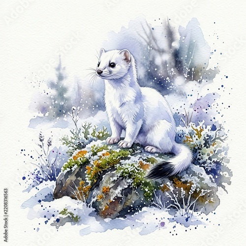 Winter Ermine Stoat in Snow Watercolor Painting