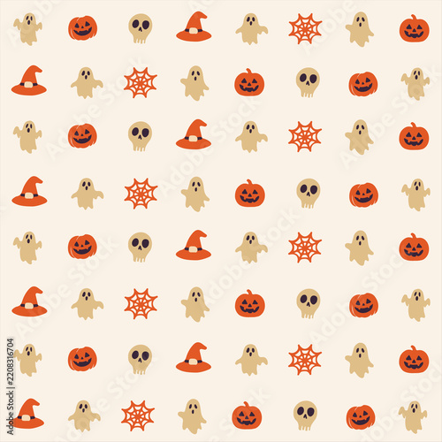 Cozy Halloween Witch Hat and Coffee Seamless Pattern in Aesthetic Cream Background
