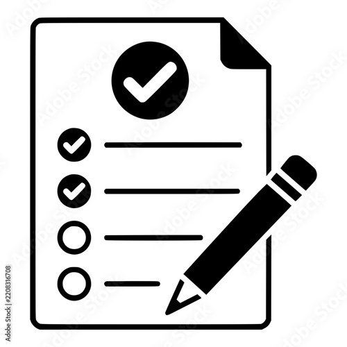 Exam Test Sheet with Checkmarks and Pencil, Black Vector Silhouette