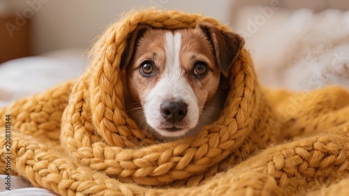Cozy Jack Russell Terrier-type dog wrapped in a mustard-yellow chunky knitted blanket, gently blinking and breathing while resting peacefully on a soft white surface.