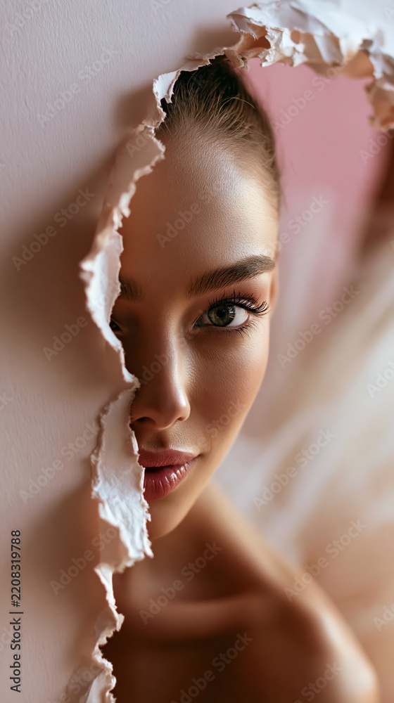 Fototapeta premium A beautiful woman's face peeking through a torn paper wall, soft lighting, natural makeup, green eyes, elegant and mysterious mood, pink background.