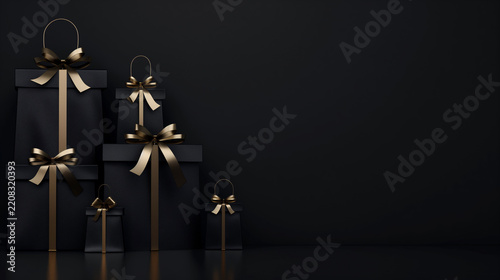 Luxury gift box collection with elegant gold ribbons on premium dark background