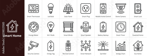 Smart home automation and energy management outline icon set for IoT connected devices home security thermostat and green energy efficiency