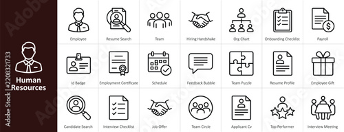 Human resources and talent acquisition outline icon set for recruitment hiring onboarding employee management and candidate screening