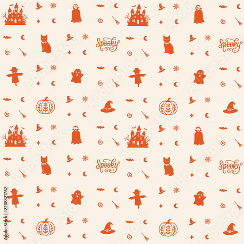 Small Scale Ditsy Halloween Seamless Pattern with Scattered Spooky Icons on Cream