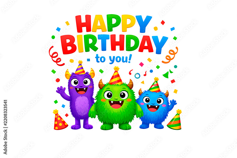 Obraz premium Happy Birthday to You Text with Cute Colorful Cartoon Monsters and Confetti Isolated on Transparent Background