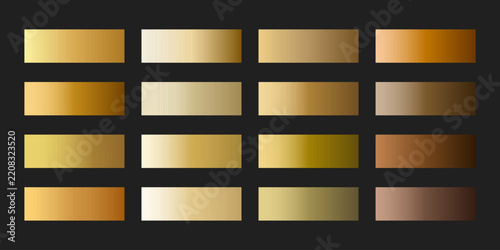 Collection of soft metallic gradient swatches with smooth gold, champagne, brass, bronze and copper shading. Vector palette for elegant labels, premium invitations and luxury decorative frames.