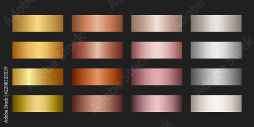 Metallic gradient palette with soft reflections and satin sheen. Collection of gold, silver, copper, rose gold vector swatches. Smooth highlights and vector shading for elegant and luxury designs.