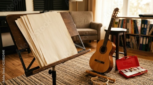 Blank sheet music on a stand with acoustic guitar in a home music studio