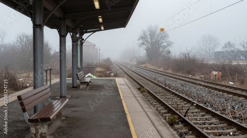 A foggy scene at a train station platform featuring empty benches and tracks, creating a tranquil and isolated ambiance perfect for travel or transportation themes.