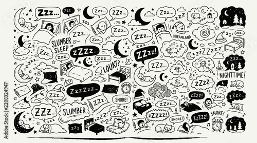 Hand drawn sleep and dream themed doodle icons set.