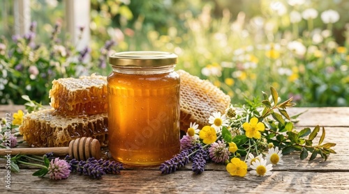 Fresh honey jar with honeycomb and flowers on rustic wooden table for natural product branding
