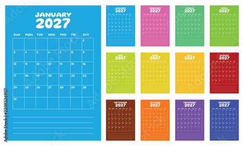 Set of colorful calendar 2027 vertical size A4 template modern vector design. Week start sunday.