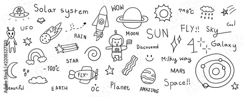 Space and solar system hand drawn icons set featuring astronaut rocket ship planet alien and celestial elements for astronomy and education concepts vector design.