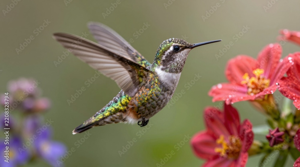 Fototapeta premium A stunning hummingbird in mid-flight showcasing intricate colors as it hovers beside vibrant red flowers, capturing the essence of nature and beauty.