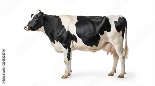 Full body studio shot of a black and white FriesianHolstein cow isolated on a solid white background