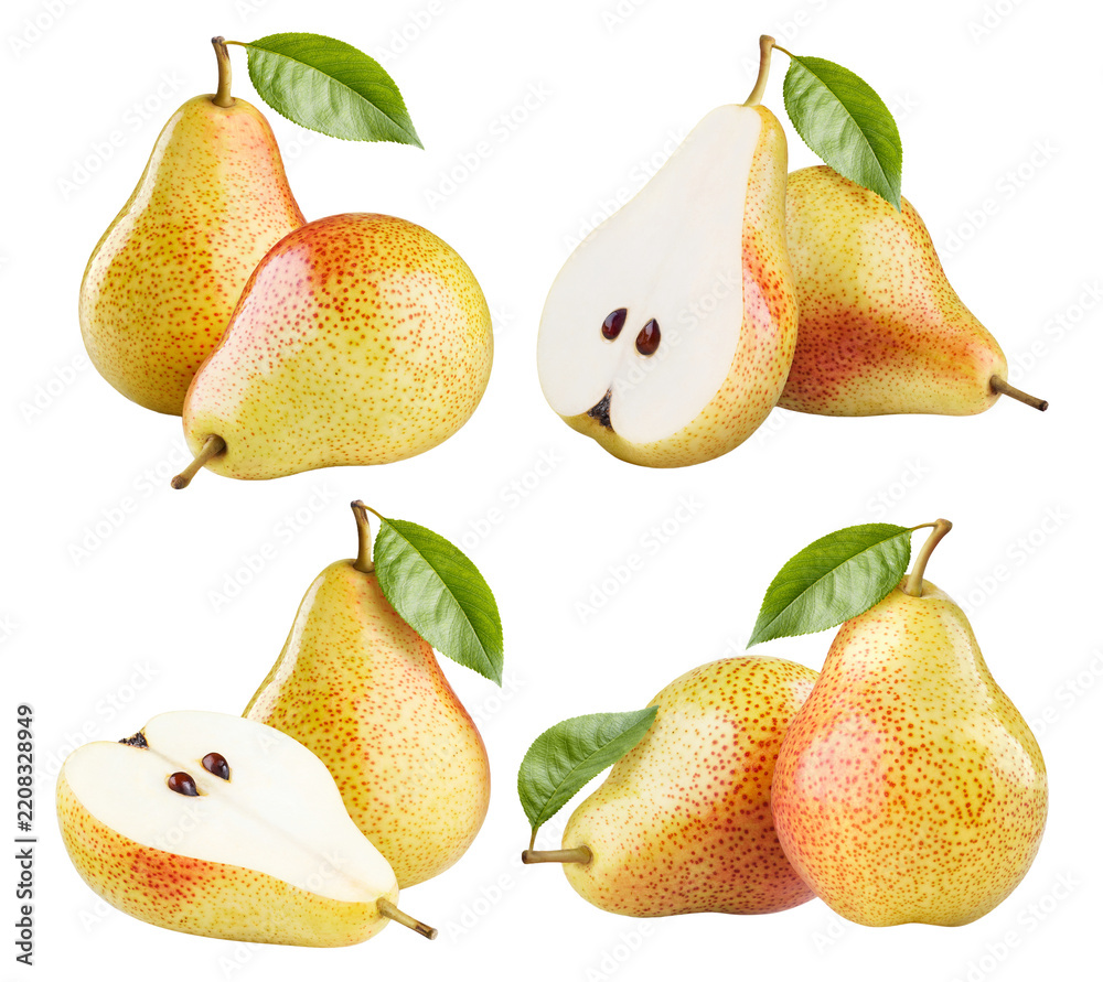 Obraz premium Collection of whole and sliced ripe pears with leaves, isolated on transparent cutout background