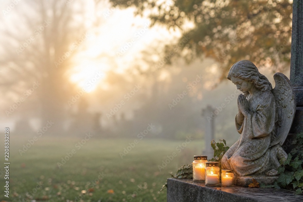 Naklejka premium Praying angel statue with burning candles for All Saints Day