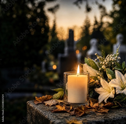 Burning memorial candle with white flowers for All Saints Day