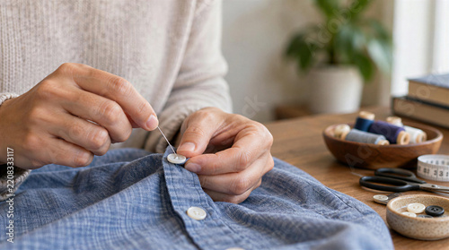 Adult hands sewing button onto blue shirt