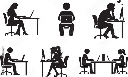 Silhouettes of people working on laptops and computers at desks in various poses