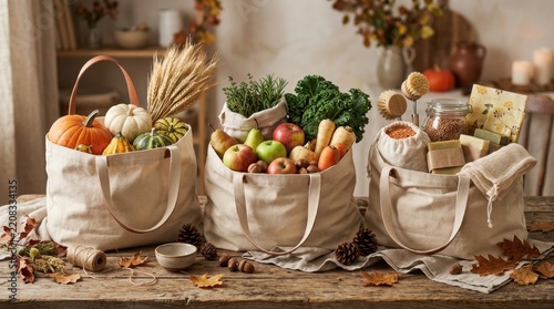 Three reusable grocery bags filled with fresh produce and autumn harvest items on a wooden table.