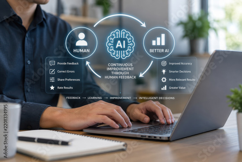 Human-AI feedback loop continuous improvement through human feedback business person using AI tool on laptop at home office machine learning intelligent decision making workflow