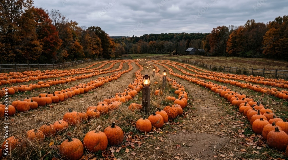 Fototapeta premium Vast Pumpkin Patch Rows Under Cloudy Autumn Sky.
