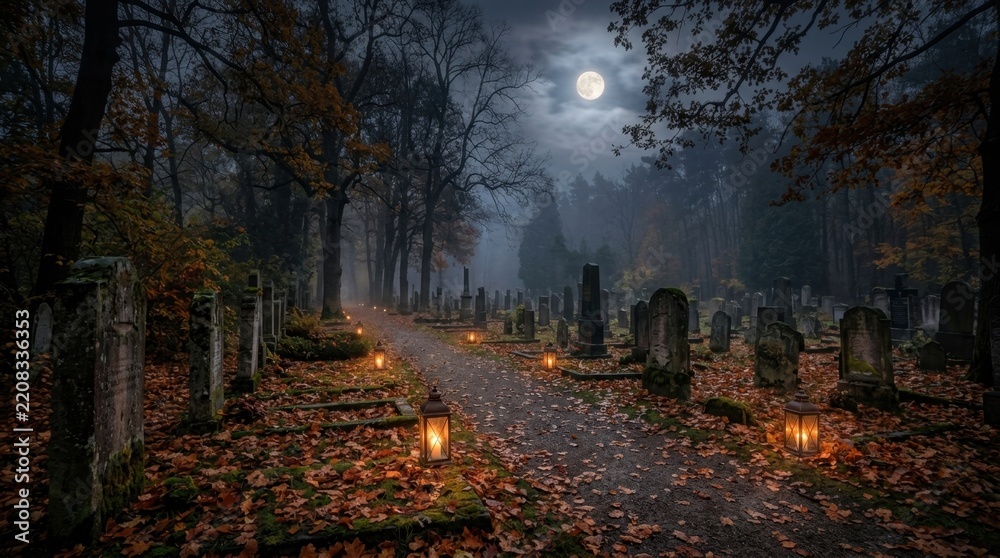 Obraz premium Spooky Cemetery Path Lined with Lanterns Under a Full Moon.