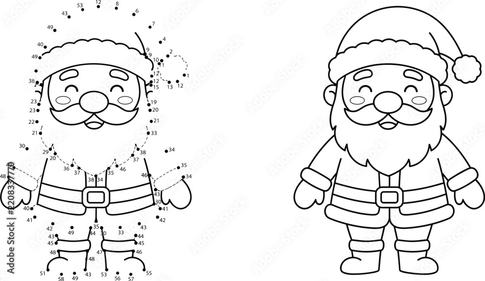 Obraz premium Christmas Santa Claus dot to dot puzzle game and coloring page outline vector worksheet for kids education