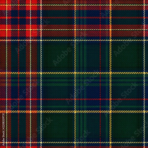 Pattern features red and green plaid squares in a continuous design