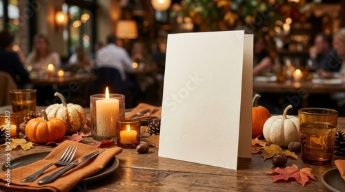 Thanksgiving dinner table setting with blank card and pumpkins.